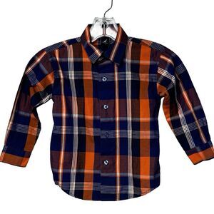 Nautica Shirt Boys 3T Blue Orange Plaid‎ Button Up Classic Preppy School Casual